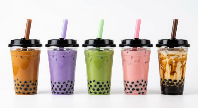 Five plastic cups filled with colorful bubble tea drinks with tapioca pearls and generated using ai