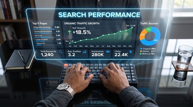 Hands typing on keyboard with holographic SEO and Search Marketing analytics dashboard glowing