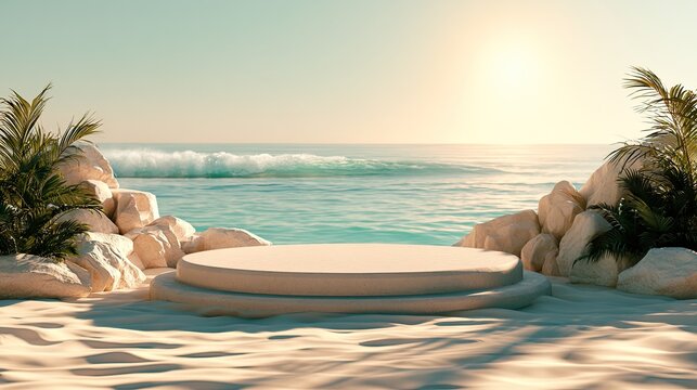 Serene tropical beach with a display platform on sand, facing the ocean