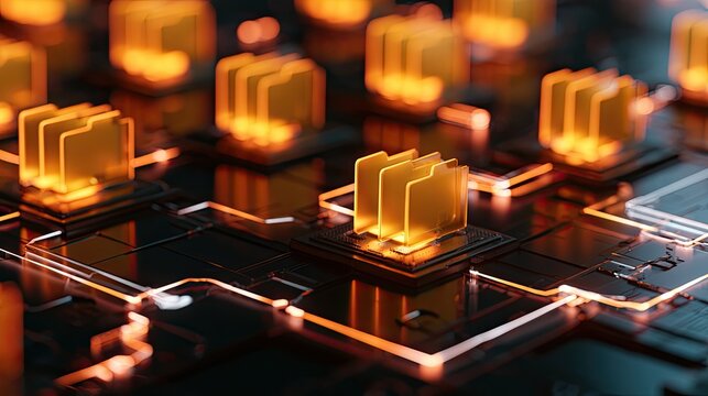 Glowing data folders arranged on a futuristic digital circuit board