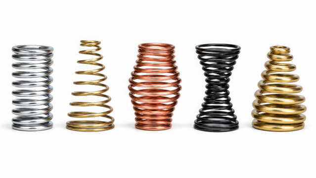 Five different metal springs in various shapes and colors standing upright on generated using ai