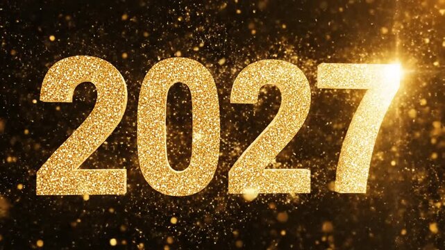 Golden glitter number 2027 on sparkling dark background