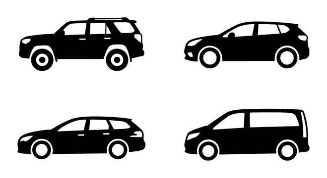 Set of Four Black Silhouette Vehicles: SUV, Crossover, Station Wagon, Minivan, Vector Icons for Automotive and Transport Design