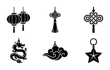 Naklejka premium Chinese New Year Icons Set: Lanterns, Dragon, Cloud, Knot, Star Ornaments, Festive Vector Graphics for Celebration