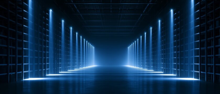 Empty High Tech Warehouse With Soft Blue Glowing Lights