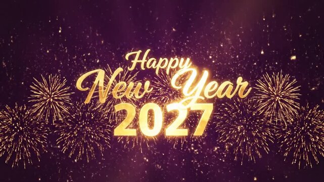 Golden Happy New Year 2027 greeting with festive fireworks