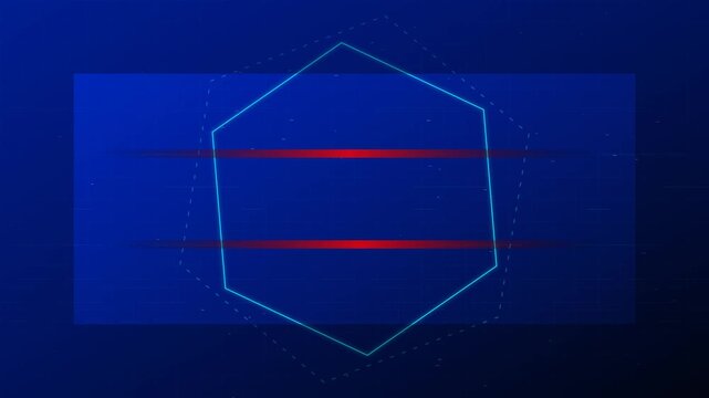 Abstract looping blue hexagon with horizontal red light streaks on a dark background.