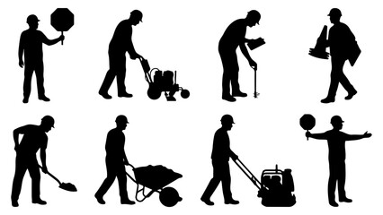 Naklejka premium Silhouettes of construction workers with tools and equipment vector illustration