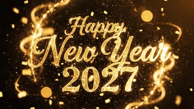 Golden Happy New Year 2027 text on dark background