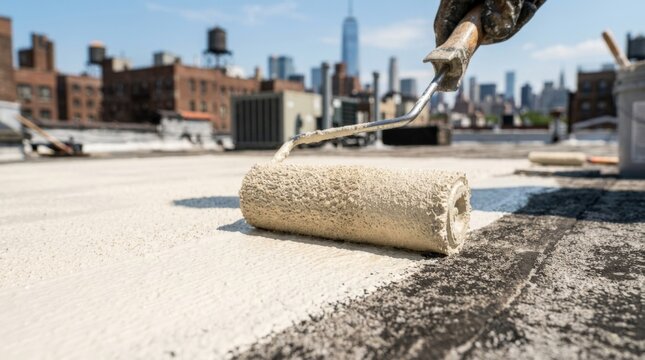 Roofer applying protective coating to flat rooftop surface with paint roller in urban city setting