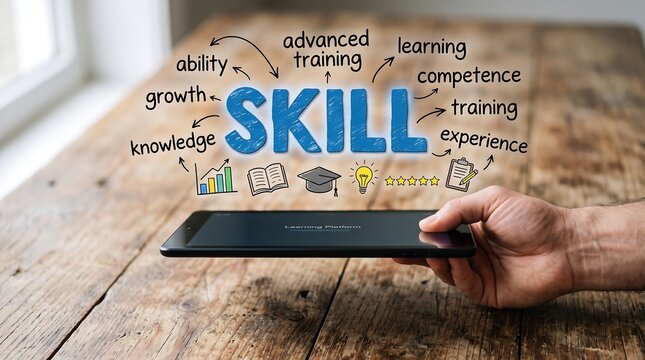 A hand holding a digital tablet with floating skill concepts, icons, and keywords on a wooden desk background.