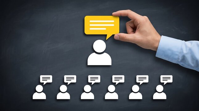 A hand places a bright yellow speech bubble over a featured leader icon above a team, symbolizing active communication, leadership, and customer feedback management.