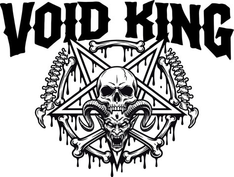 Heavy metal vector art featuring the text "Void King," a dripping skull, demon horns, and a pentagram framed by bones. Download this dark graphic today!