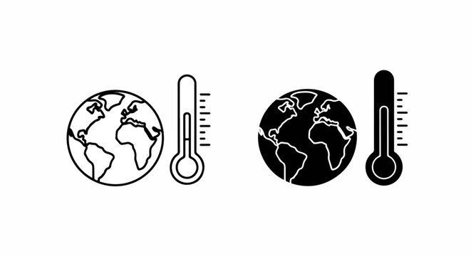 Earth and thermometer climate change icon: Flat icon, outline, glyph, linear , logo template - SVG icon - Black Icon, PNG icon- Clipart, sticker - icon set