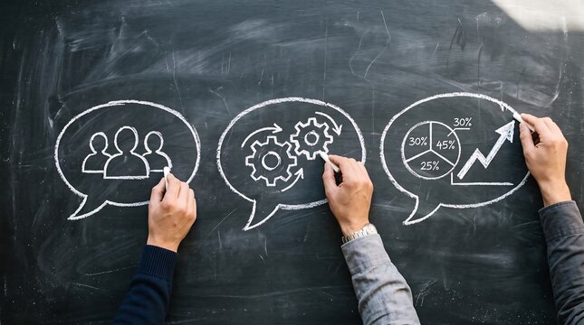 Hands drawing business icons for team, strategy, and growth inside speech bubbles on a blackboard, symbolizing effective teamwork, workflow planning, and shared success.