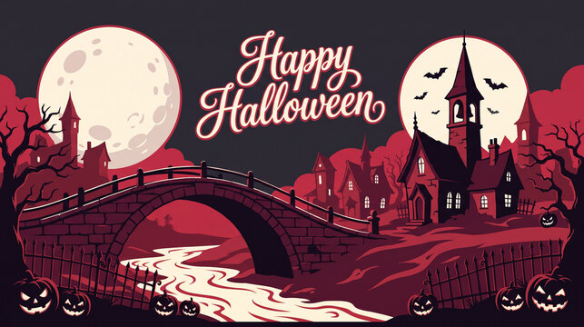 Spooky haunted village illustration features a castle bridge and full moons on a crimson background