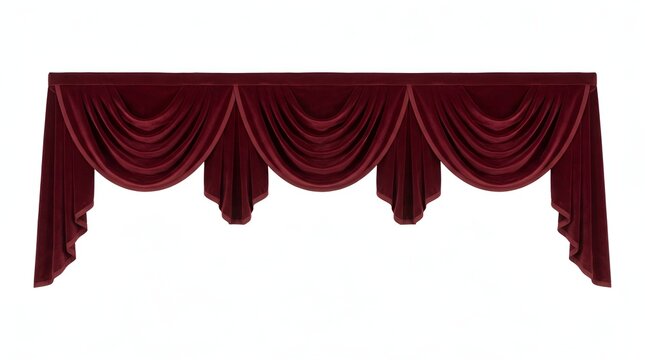 A dark red velvet curtain valance with three swags and hanging side drapes isolated on a clean white background