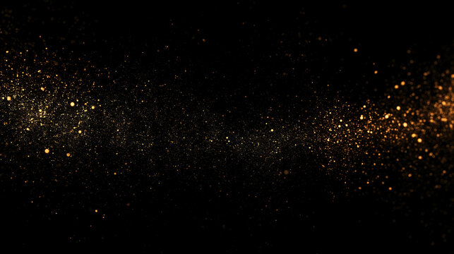 Golden glitter particle trail flowing across black background. Glowing magic dust wave with shimmering bokeh effect