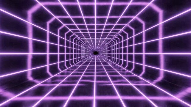 Retro 80s synthwave purple wireframe cyber grid tunnel
