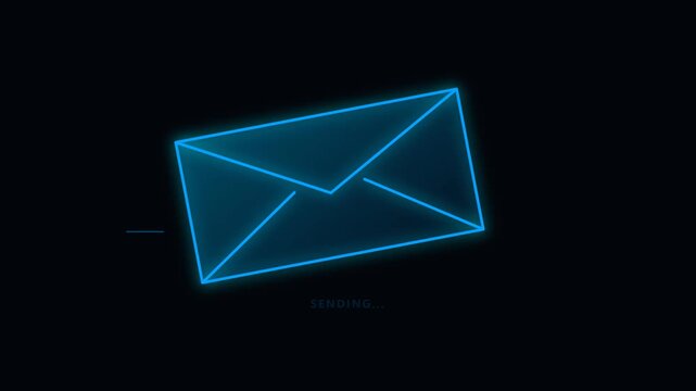 Glowing neon blue envelope icon transmitting message on dark background with sending status