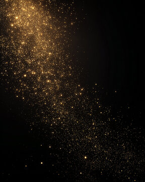 Vertical photo of cascading golden glitter particles and sparkling lights on black background. Golden Cosmic Starfield Particle  for Galaxy Background Design