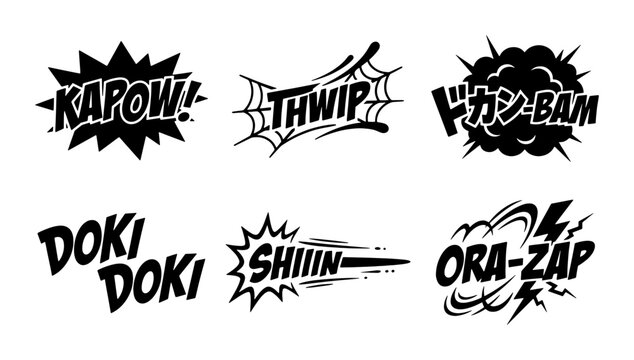 Comic Book Sound Effects Vector Set: Kapow, Thwip, Bam, Doki Doki, Shiiin, Ora Zap - Black and White Onomatopoeia Graphics
