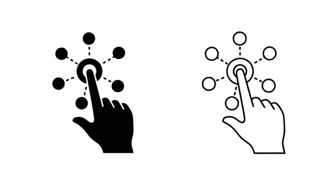 Hand touching digital interface node connection: Flat icon, outline, glyph, linear , logo template - SVG icon - Black Icon, PNG icon- Clipart, sticker - icon set