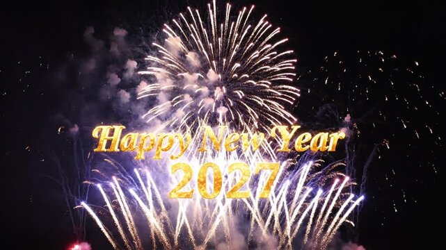 Golden Happy New Year 2027 text with fireworks at night