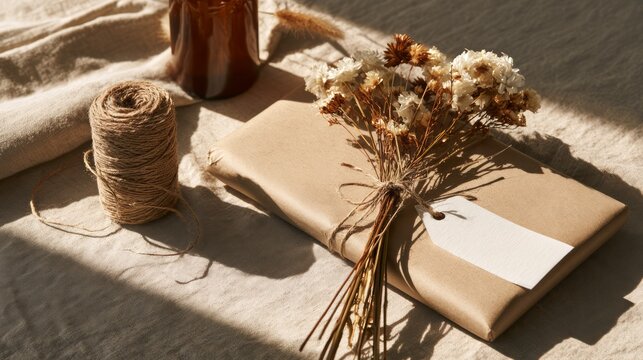 Gift Wrapping Supplies With Kraft Paper Flat Lay