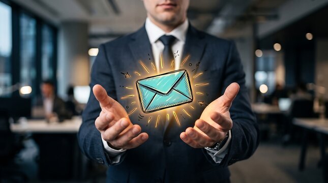 Businessman in a suit presenting an illuminated blue envelope icon between his open hands in a modern office, representing email communication, messaging, and digital connectivity.