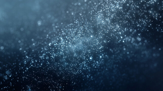 Glowing blue particles flowing diagonally. Abstract glittering stardust and bokeh light background. Cosmic Starfield Particle Overlay. Sights of sparkling lights, shimmering dust, and soft bokeh