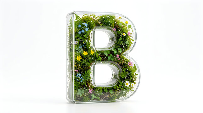 A 3d glass letter b filled with lush moss, ferns, and small colorful wildflowers, isolated on white background