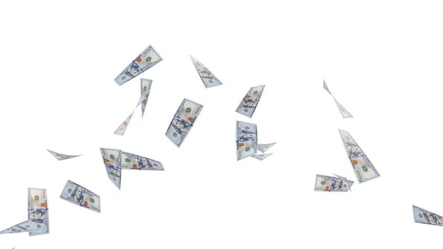 US dollar cash rain with realistic 100 dollar banknotes floating on white background. falling money overlay for finance and wealth concepts. seamless 4k loop.