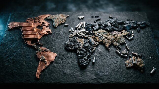 Critical minerals supply with ore cores, copper ingots, graphite chunks, battery cells, and a world map silhouette