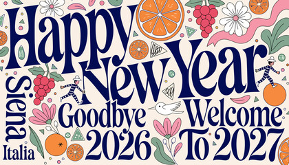 Fototapeta premium Happy New Year 2027 colorful illustration with flowers and fruits