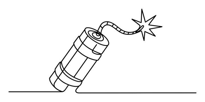 Continuous single line drawing of a dynamite stick with a burning fuse ready to explode isolated on a white background for design projects illustration