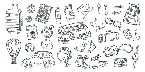 Fototapeta premium Travel camping essentials colorful clipart collection. Set of travel objects in a doodle style isolated on a white background. Vector illustration.