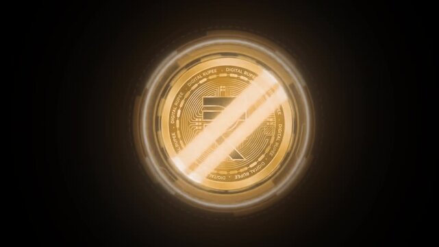 3D Indian Rupee Symbol Coin with Golden Digital Finance Technology Rings Isolated on Transparent Background