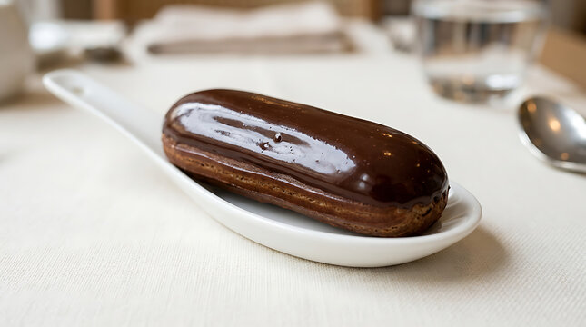 Single chocolate eclair served on a white ceramic tasting spoon with chocolate