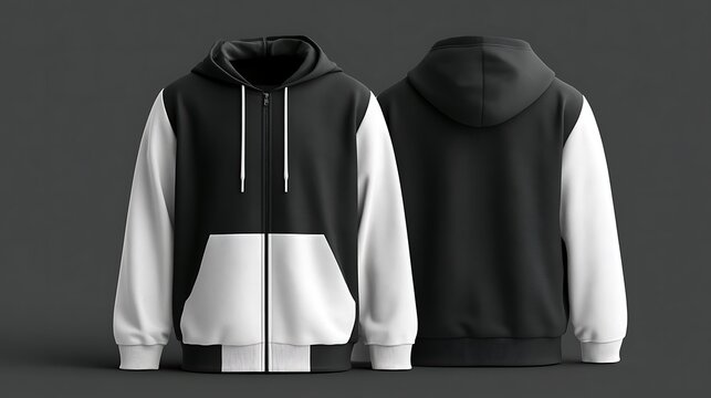 Front and back view of a black and white zip-up hoodie. Ideal for apparel branding and custom clothing design.