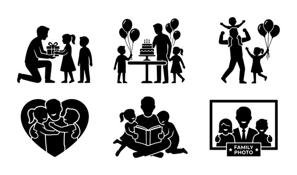 Family Icons Set: Fatherhood, Childhood, Love, Celebration, Reading, Memories. Black Silhouette Vector Graphics for Lifestyle and Relationships.