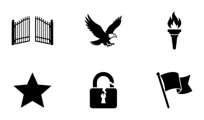 Fototapeta premium Set of 6 Black Vector Icons: Open Gates, Eagle, Torch, Star, Unlocked Padlock, Flag. Graphic Symbols for Freedom, Security, Patriotism, Achievement.