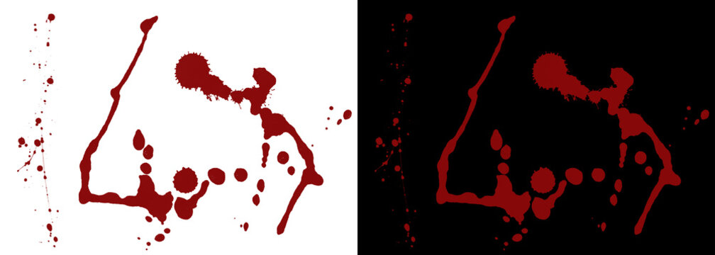 Red blood splatter on white and black background, horror paint drips and ink splatters, dramatic liquid spray textures