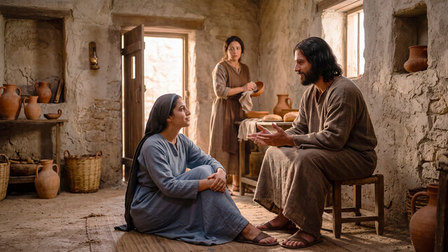 Mary sitting at feet of Jesus listening while Martha busy serving in house, biblical story