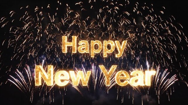 Golden Happy New Year text with colorful fireworks at night
