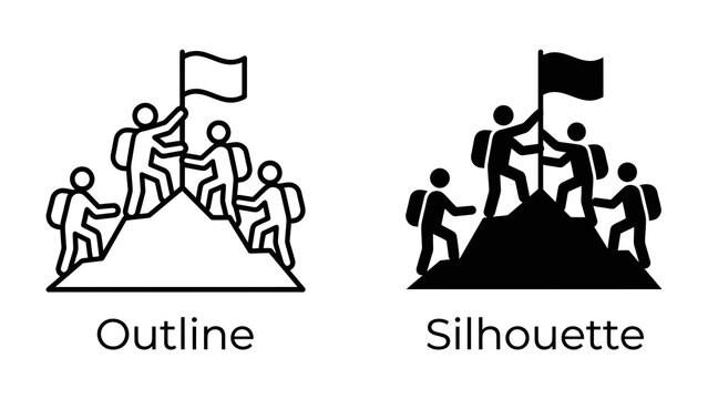 Mountain Climbing Icons: Two stylized icons depict a team summiting a mountain, one in outline and the other in silhouette, symbolizing achievement, teamwork, and perseverance.