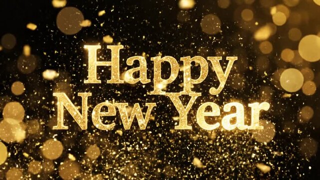 Golden Happy New Year text with festive bokeh background