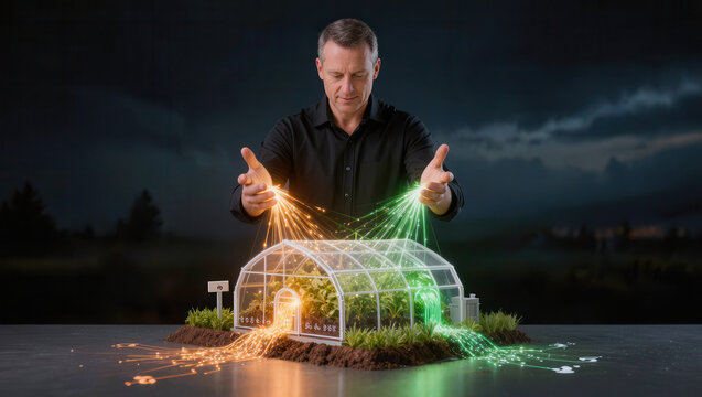 Man controlling greenhouse, energy flow, sustainable farming, agriculture, smart farm, glowing lights
