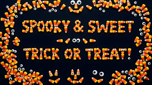 Spooky and sweet trick or treat halloween message made from candy corn on black background.