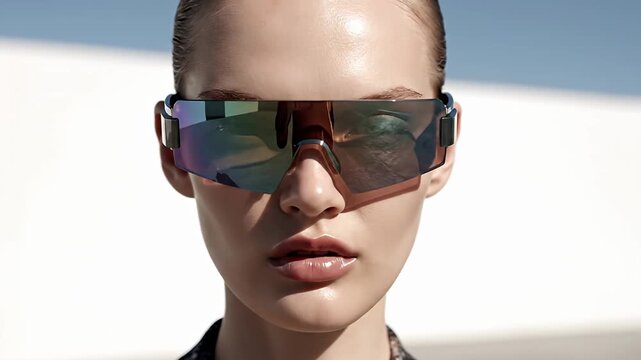 Modern woman wearing futuristic iridescent visor sunglasses.